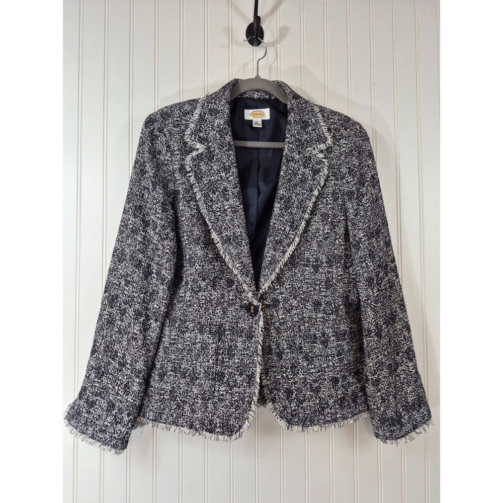 Vintage Talbots Womens Navy Blue White Tweed Fringe Trim Boucle Blazer Size 10